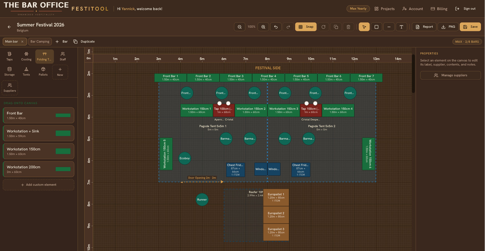 A realistic festival bar layout designed in Festitool