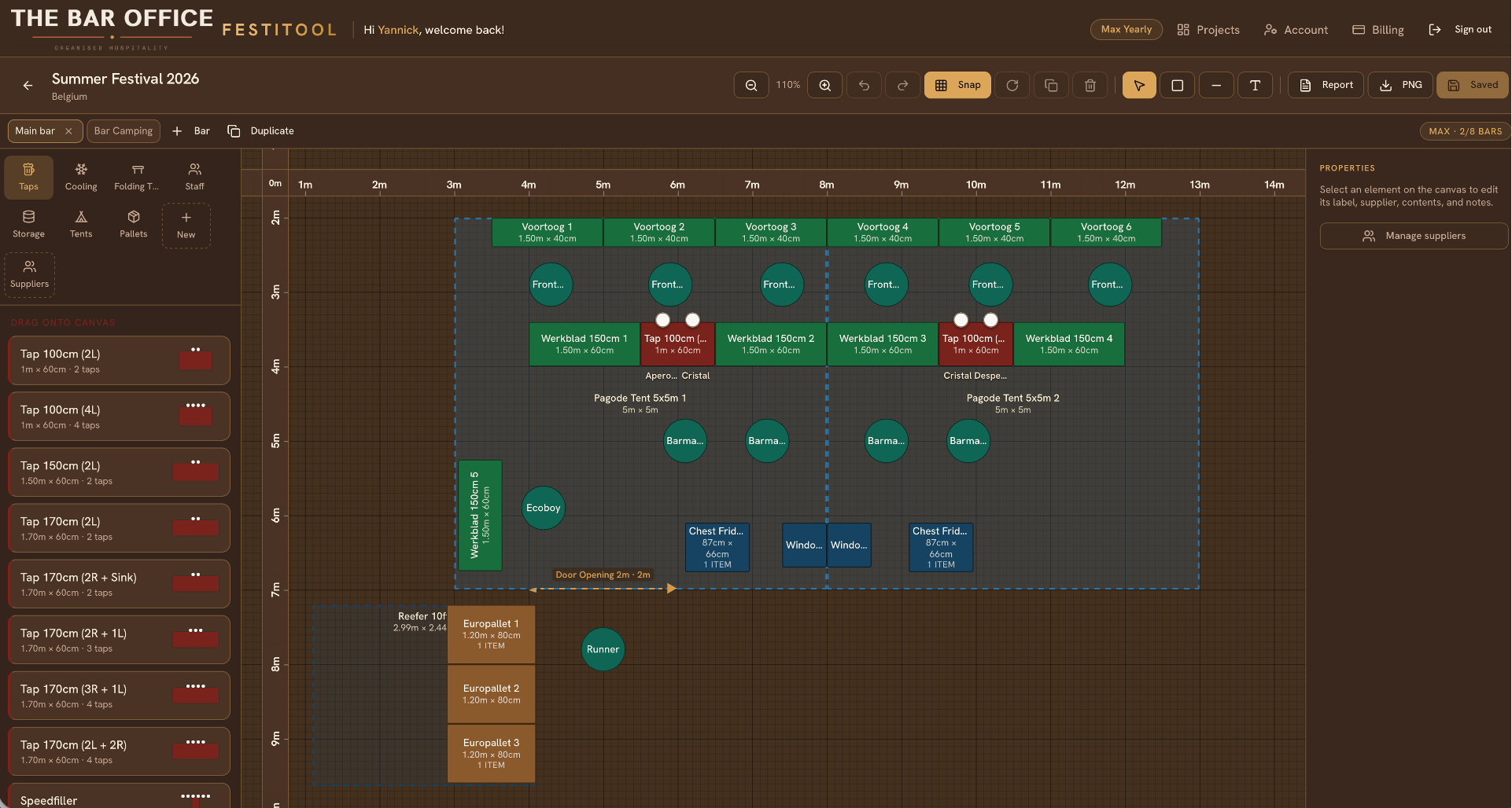 A realistic festival bar layout designed in Festitool